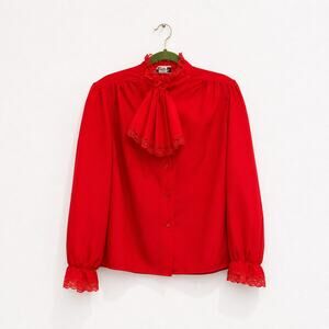 Vintage Rhapsody Red Lace Jabot Blouse Ruffle High Neck Long Sleeve Sz L